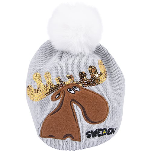 Stickad mössa älg, paljetter, pompom, älg, barnstorlek