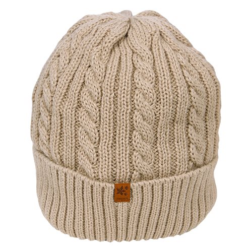 Kabelstickad mössa, beige, vävt märke, FROST SC Sweden