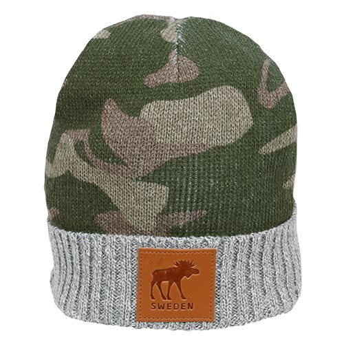 Stickad mössa, camo, PU patch, älg, Sweden