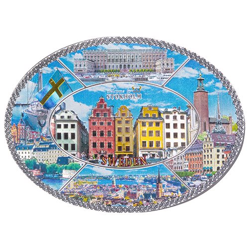 Magnet m. folieeffekt, collage, Stockholm, oval